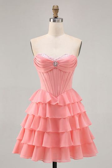 Blush Tiered A Line Strapless Short Homecoming Dress